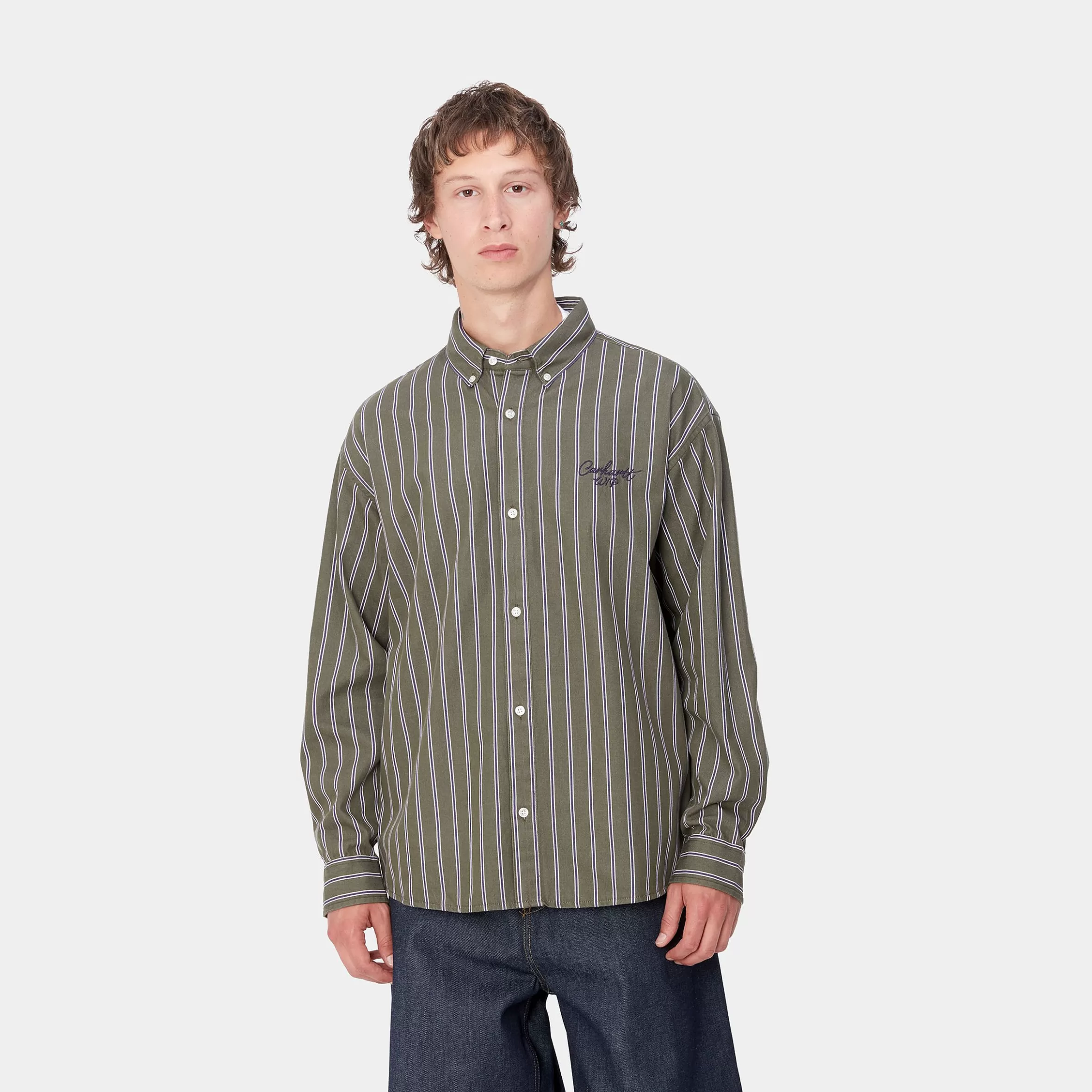 Camisas | Carhartt WIP L/S Signature Shirt Betz Stripe, Office Green / Aura