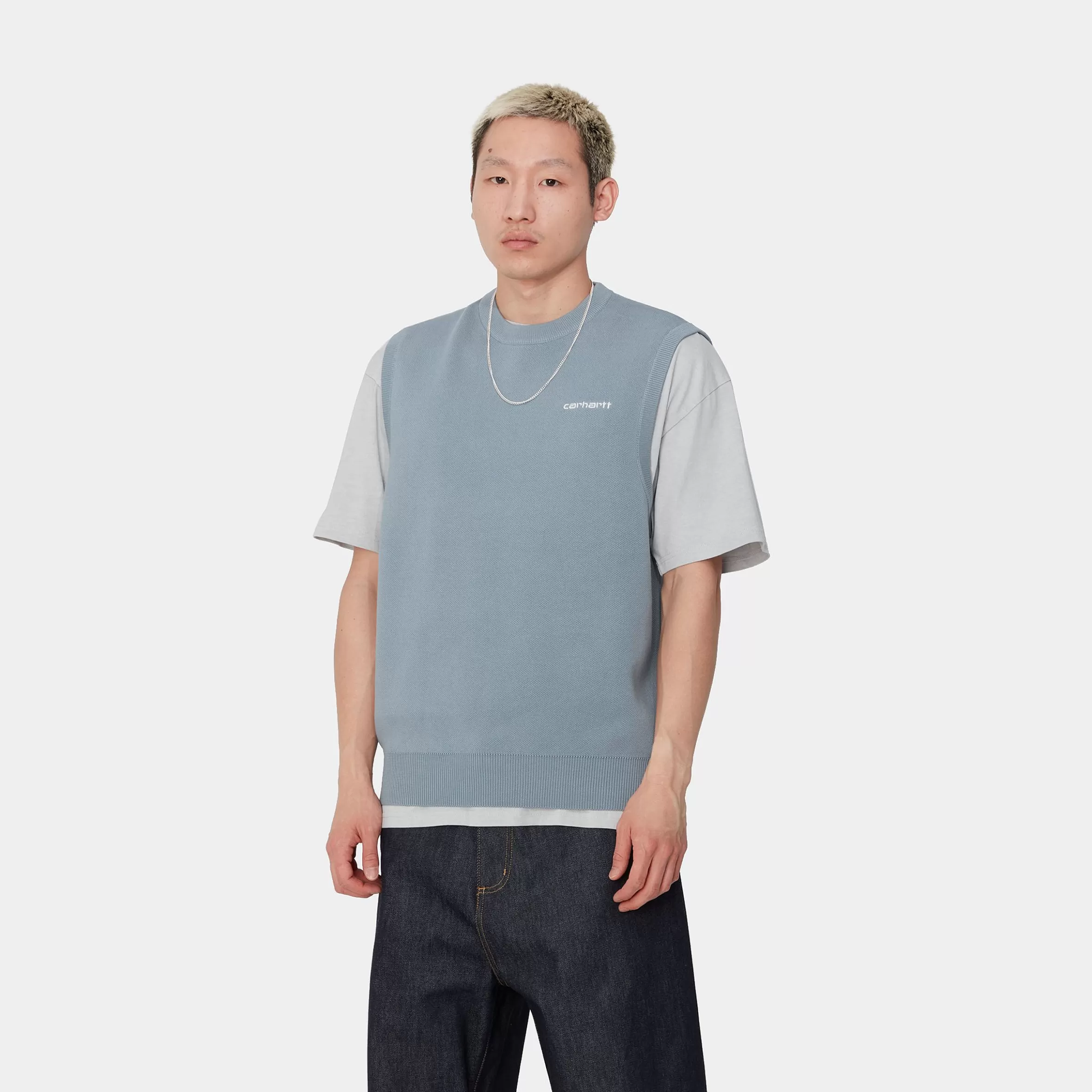 Sweats | Carhartt WIP Script Vest Sweater Misty Sky / White